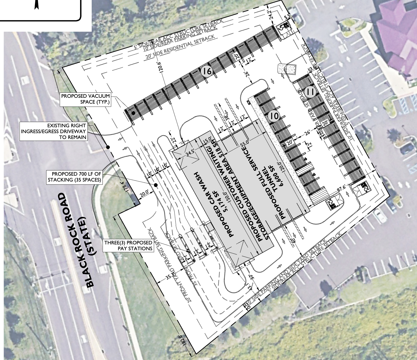 An early site plan sketch shows vacuum stations along the northern edge of the property. According to El Car Wash representatives, those stations have since been removed from the proposal.